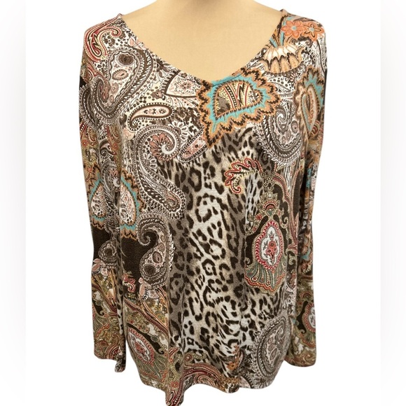 Chico's Women’s Brown Paisley Floral Leopard Print Long Sleeve Knit Top - Size 3 - Picture 1 of 11